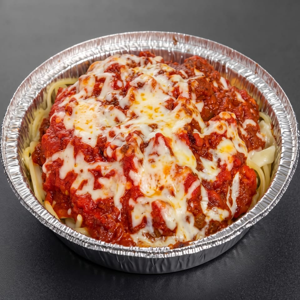 Baked spaghetti topped with meatballs, tomato sauce, and melted mozzarella in a disposable foil tray.
