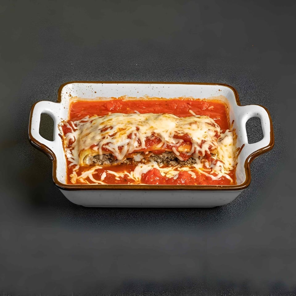 Cheesy meat lasagna layered with pasta and tomato sauce in a white handled baking dish.